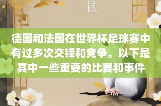 德国和法国在世界杯足球赛中有过多次交锋和竞争。以下是其中一些重要的比赛和事件