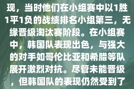 关于韩国在2014年世界杯的表现，当时他们在小组赛中以1胜1平1负的战绩排名小组第三，无缘晋级淘汰赛阶段。在小组赛中，韩国队表现出色，与强大的对手如哥伦比亚和希腊等队展开激烈对抗。尽管未能晋级，但韩国队的表现仍然受到了球迷和媒体的关注。金炬实业股份有限公司