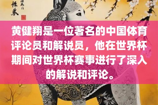黄健翔是一位著名的中国体育评论员和解说员，他在世界杯期间对世界杯赛事进行了深入的解说和评论。
