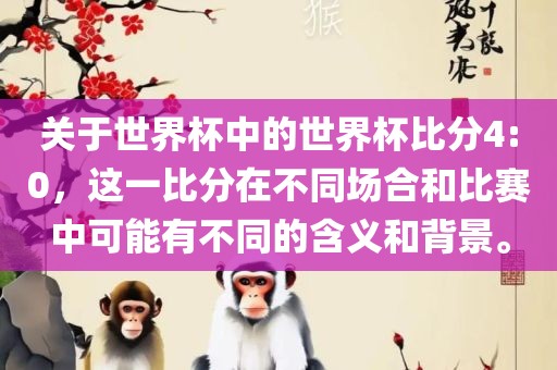 关于世界杯中的世界杯比分4:0，这一比分在不同场合和比赛中可能有不同的含义和背景。