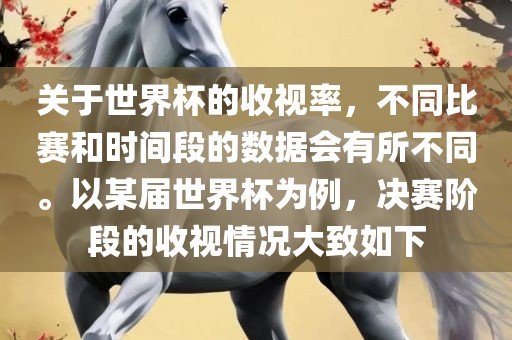 关于世界杯的收视率，不同比赛和时间段的数据会有所不同。以某届世界杯为例，决赛阶段的收视情况大致如下