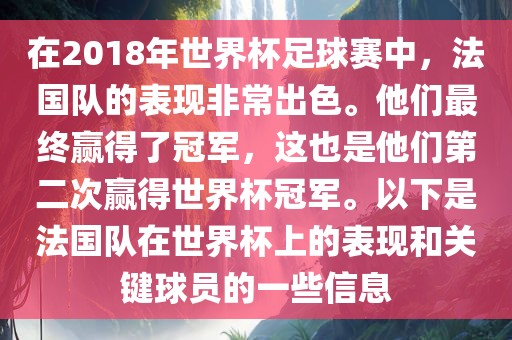 在2018年世界杯足球赛中，法国队的表现非常出色。他们最终赢得了冠军，这也是他们第二次赢得世界杯冠军。以下是法国队在世界杯上的表现和关键球员的一些信息金炬实业股份有限公司