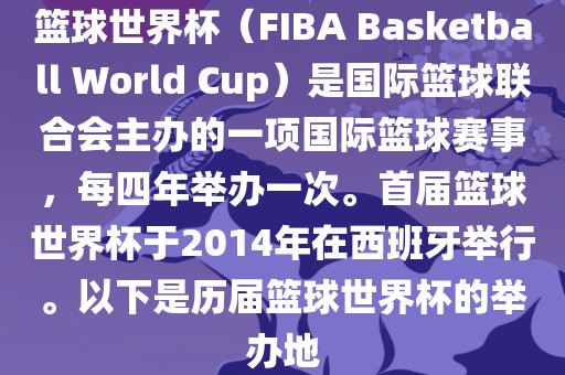 篮球世界杯（FIBA Basketball World Cup）是国际篮球联合会主办的一项国际篮球赛事，每四年举办一次。首届篮球世界杯于2014年在西班牙举行。以下是历届篮球世界杯的举办地